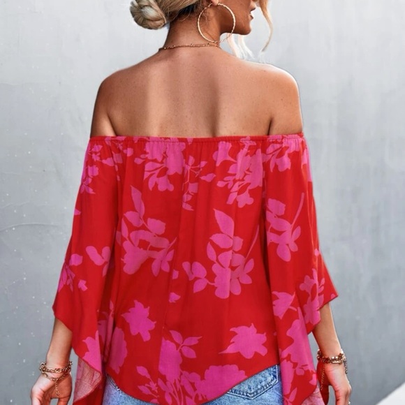 Off the shoulder ruffle flowy boho floral print top blouse red pink - Picture 2 of 6